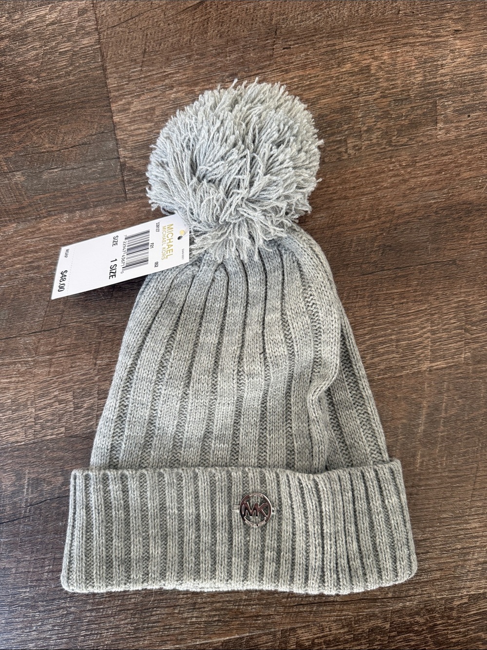 Michael Kors Light Gray Ribbed Pom Pom Beanie